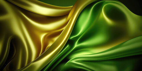 Wall Mural - Satin texture green and gold fabric background illustration, silk backdrop generative ai