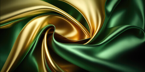 Wall Mural - Satin texture green and gold fabric background illustration, silk backdrop generative ai