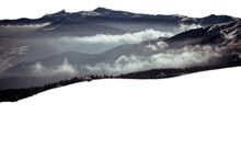 Over Clouds Mountain Peaks And Forests Isolated PNG Photo With Transparent Background. High Quality Cut Out Scene Element. Realistic Image Overlay For Website Design, Layout, Social Media