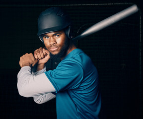 Sports, baseball and portrait of black man with bat ready to hit ball in game, practice and competition. Fitness, sport mockup and serious male athlete on dark background for exercise and training