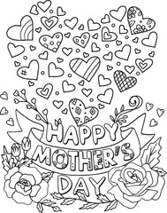 Happy Mother's day font with Hearts and rose. Hand drawn with black and white lines. Doodles art for Mother's day or greeting card. Coloring for adults and kids. Vector Illustration
