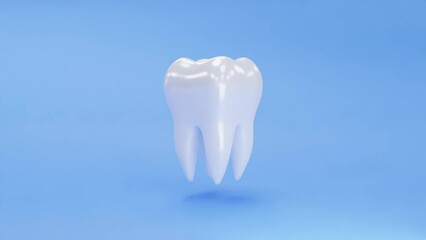 3d tooth animation. Isolated rotating 3d tooth model. Soaring beautiful white dental 3d rendering. Blue background