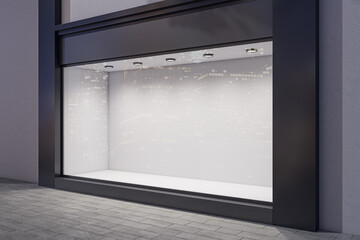 perspective view on blank light wall background in empty shop window with space for your product pre