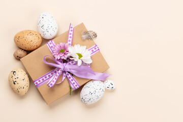 Wall Mural - Gift box, Easter eggs and flowers