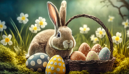 Wall Mural - Happy Easter. Cute easter bunny with easter eggs. Generative AI