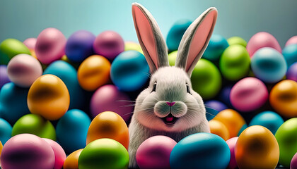 Wall Mural - Happy Easter bunny with many colorful Easter eggs. Generative AI