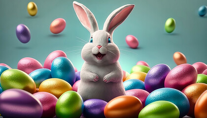 Wall Mural - Happy Easter bunny with many colorful Easter eggs. Generative AI