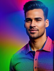 Wall Mural - A man in a colorful shirt stands in front of a colorful rainbow background. Generative AI