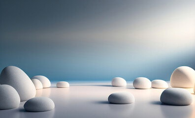 Poster - A beautiful blue background for presentations with a podium and masonry round stones in a soothing color scheme. AI generated.