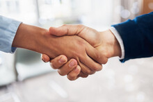 B2b, Black Woman Or Businessman Handshake In Deal, Meeting Or Startup Project Partnership Together. Teamwork, Crm Or People Shaking Hands For Sales Goals, Bonus Target Or Hiring Agreement In Office