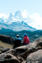 Hikers Looking At View Of Mt Fitzroy, El Chalten, Santa Cruz Province, Patagonia, Argentina