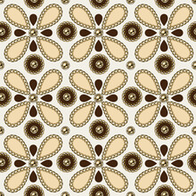 Seamless Geometric Pattern With Abstract Shapes Like Flower, Gold Chains, Beads, Buttons. Vector Illustration In Vintage Style