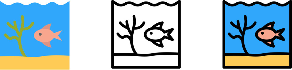 Canvas Print - Fish, seaweed, ocean vector icon in different styles. Line, color, filled outline