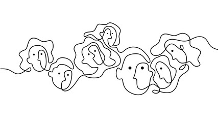 Hand drawing one continuous single line of abstract face group people isolated on white background.