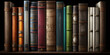 Books standing on a shelf, full background. Old hardcover book spines in a row. Generative AI