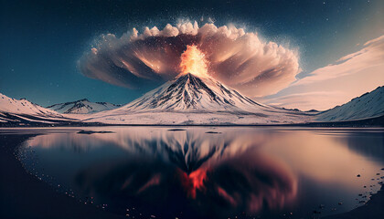 Volcano eruption in winter in front of a lake - Illustrations, mirror image