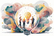 © premyuda - business illustration. small people characters develop creative business idea. Isometric big light bulb as metaphor idea. Graphics design Generative AI