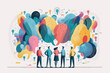 © premyuda - business illustration. small people characters develop creative business idea. Isometric big light bulb as metaphor idea. Graphics design Generative AI
