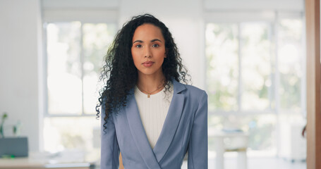 Wall Mural - Business woman and face with stop hand for assertive and serious gesture for rejection at workplace. Corporate black woman in office portrait with palm zoom for warning, discrimination or harassment