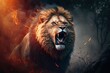angry male lion roaring with fiery eyes and partially fiery fur, with the background of a forest view on fire, Generative AI