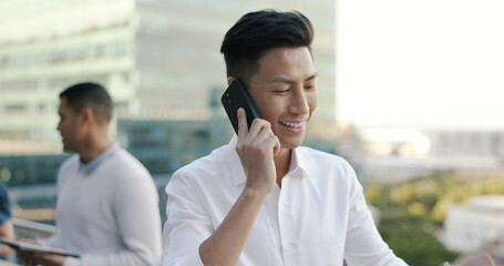 Aufkleber - Businessman, work phone call and communication with networking, b2b and professional discussion in Tokyo. Talking, business deal and negotiation with lawyer and phone conversation, technology and 5g.