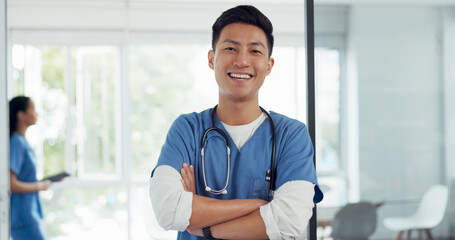 Sticker - Asian man, face and doctor smile for healthcare, vision or career ambition and advice at the hospital. Portrait of happy and confident Japanese medical expert smiling, phd or medicare at the clinic