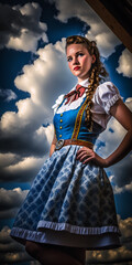 photogenic portrait of beautiful young Oktoberfest girl waitress, wearing traditional Bavarian dirndl. backdrop of the deep blue sky and white clouds provide vibrant contrast. national dress day. Ai