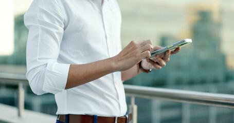 Poster - Businessman, hands or phone typing on balcony in digital marketing office, advertising company or social media startup. Zoom, creative designer or mobile technology for networking or branding website