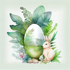 Wall Mural - The watercolor of tropical plant easter themed and eggs and cute rabbit 