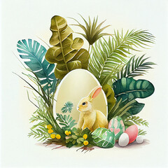 Wall Mural - The watercolor of tropical plant easter themed and eggs and cute rabbit 