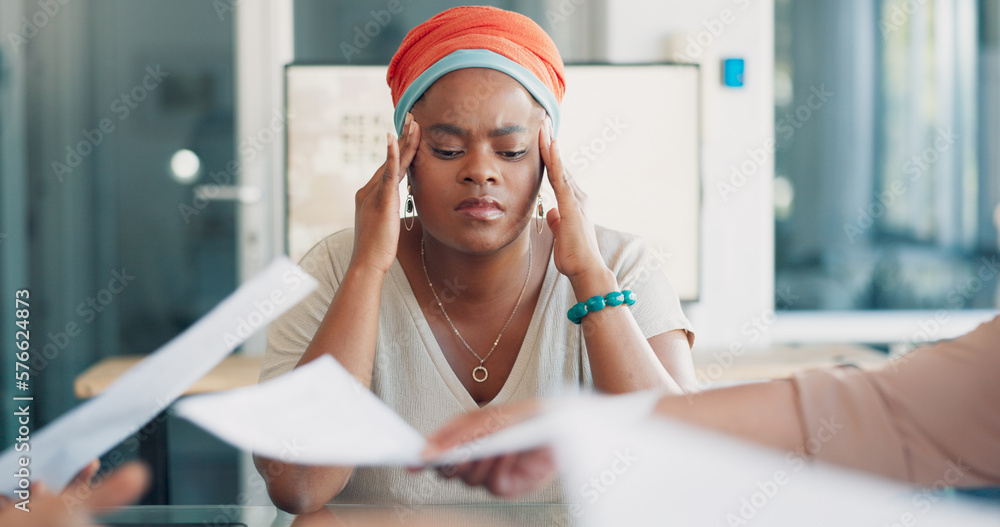 Black woman, face with stress and multitasking, burnout in business and ...