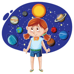 Wall Mural - little girl on solar system background