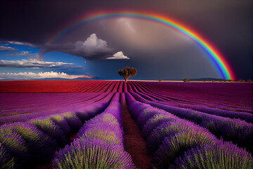 Wall Mural - Rainbow over a field of blooming lavender. AI generated