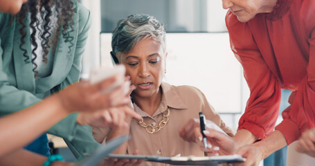 Business, woman and multitasking with stress, phone call or deadline for project, team and office. Female employee, mature lady overworked or manager busy with smartphone, corporate deal or burnout