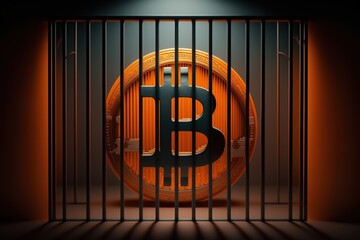 an illustration of the bitcoin logo behind bars locked up, crypto currency, blockchain concept