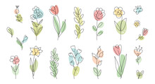 Vector Set Flowers, Branches, Leaves In Simple Minimalist Continuous Outline Line Style For Logo, Wedding Design, Greeting Cards. Spring Summer Floral Collection. Hand Drawn Lines.