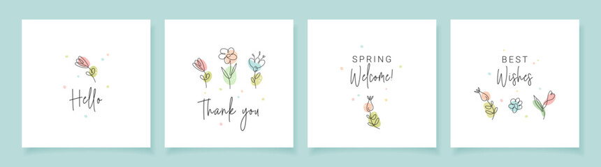 Sticker - Vector templates with hand drawn line floral elements.  Trendy design with typography and flowers. Wedding invitations, greeting cards, social media post, banner, presentation.