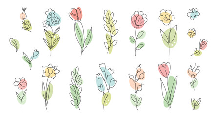 Wall Mural - Vector set flowers, branches, leaves in simple minimalist continuous outline line style for logo, wedding design, greeting cards. Spring Summer floral collection. Hand drawn lines.