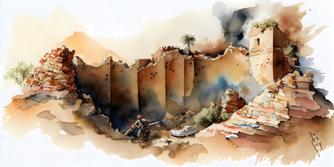 illustration of Battle of Jericho wall falling down, watercolor art, generative ai