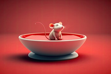 Wall Mural - A rat sat atop a red dish, staring intently into the lens. Generative AI