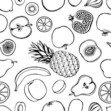  Seamless Pattern With Hand Drawn Fruits Elements. Vegetarian Wallpaper.