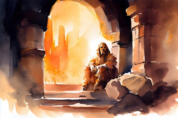 daniel and the lions, watercolor art, generative ai