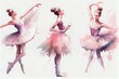 Aquarell isoliert tanzende Ballerinas. Handgezeichnete klassische Ballettaufführung. generative ai, Malset junger Frauen in rosafarbenem Kleid.