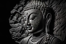 Carved Buddha Portrait Rock Statue On Black Backdrop Generative AI