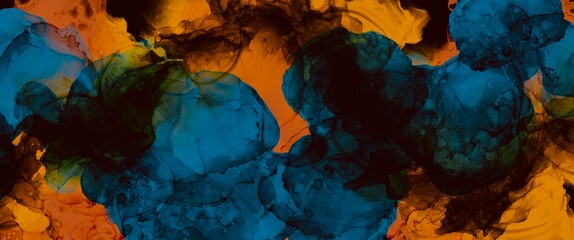 Wall Mural - orange and blue alcohol ink background, creative hand drawn art, fluid illustration with liquid tech