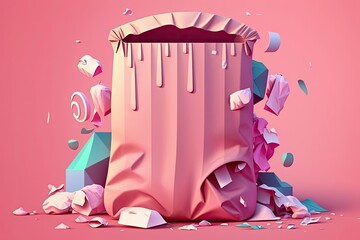 Sticker - Expired pink background with a trash bag full of trash. A void for the insertion of text. Generative AI