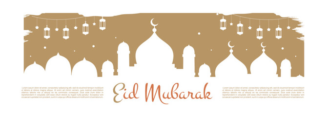 Sticker - Eid mubarak banner background with hanging lanterns and mosque.