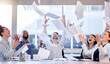 Documents, winner and success with a business team throwing paper into air during a boardroom meeting. Teamwork, wow and a group of people in celebration of a target or goal together in the office