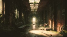 First-person View Of A Character Moving Slowly Down A Dark And Eerie Corridor In An Abandoned Building