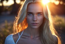 Blonde Young Woman With Bright Blue Eyes In Summer Sunlight. Generative AI